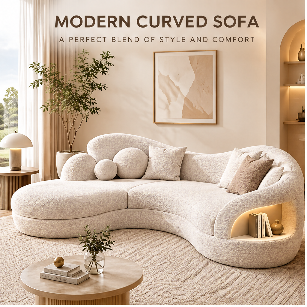 🦖COVEOACH® Modern Curved Boucle Sofa with Built-In Storage