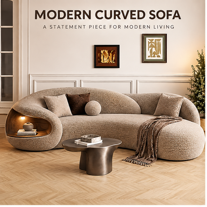 🍳COVEOACH® Modern Curved Boucle Sofa with Built-In Storage & Light