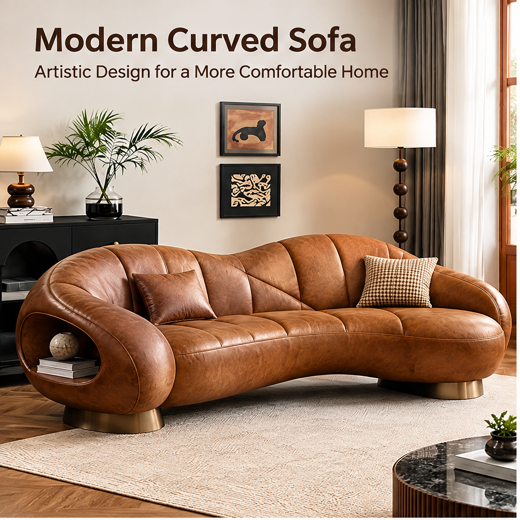 🌈COVEOACH® Modern Curved Leather Sofa with Storage Shelf