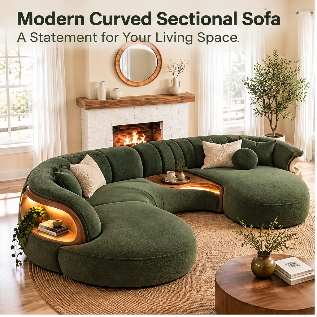 🚀COVEOACH® Modern Curved Boucle Sofa with LED Storage Shelf