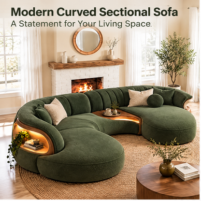 🚀COVEOACH® Modern Curved Boucle Sofa with LED Storage Shelf