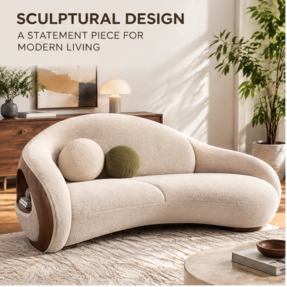 🎮COVEOACH® Modern Curved Boucle Sofa with Wood Storage