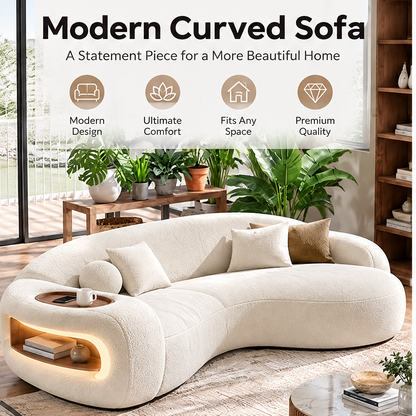 🎁COVEOACH® Modern Curved Boucle Sofa with Storage & Tray Table