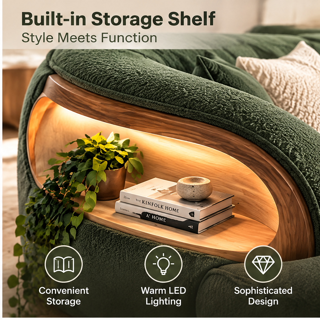 🚀COVEOACH® Modern Curved Boucle Sofa with LED Storage Shelf