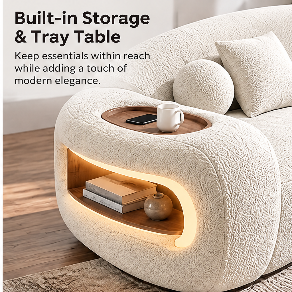 🎁COVEOACH® Modern Curved Boucle Sofa with Storage & Tray Table