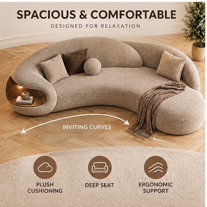 🍳COVEOACH® Modern Curved Boucle Sofa with Built-In Storage & Light