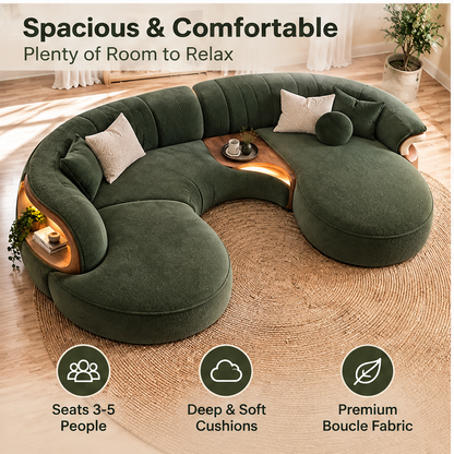 🚀COVEOACH® Modern Curved Boucle Sofa with LED Storage Shelf