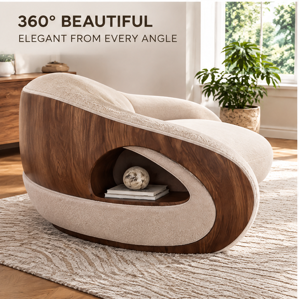 🎮COVEOACH® Modern Curved Boucle Sofa with Wood Storage