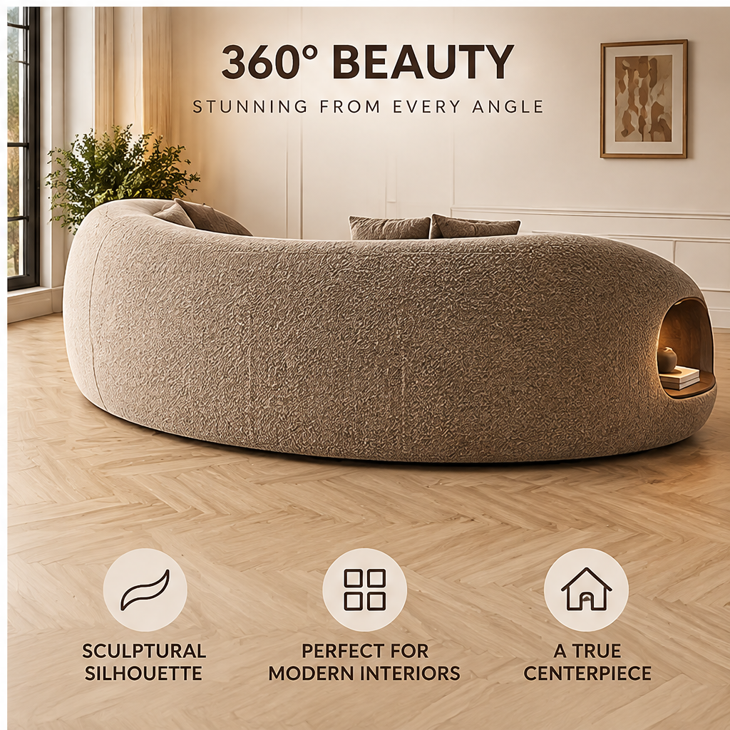 🍳COVEOACH® Modern Curved Boucle Sofa with Built-In Storage & Light