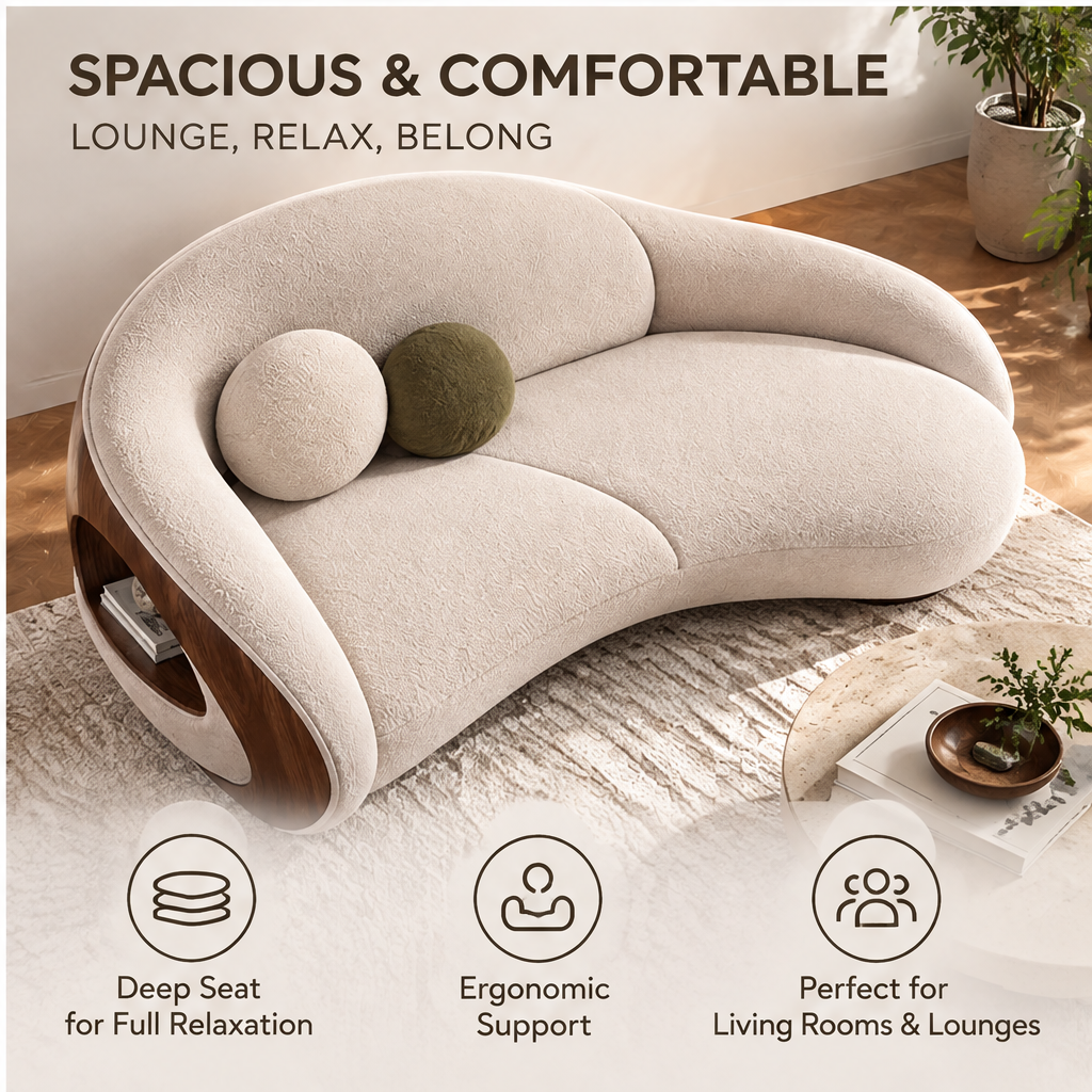 🎮COVEOACH® Modern Curved Boucle Sofa with Wood Storage