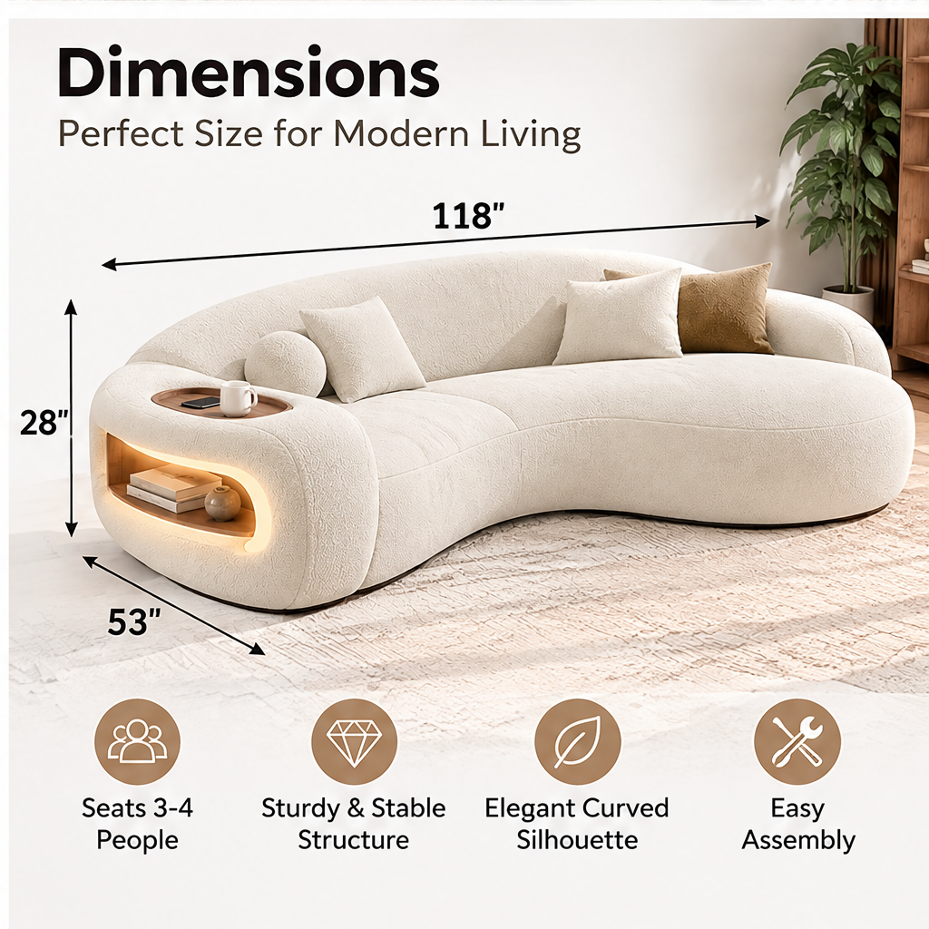 🎁COVEOACH® Modern Curved Boucle Sofa with Storage & Tray Table