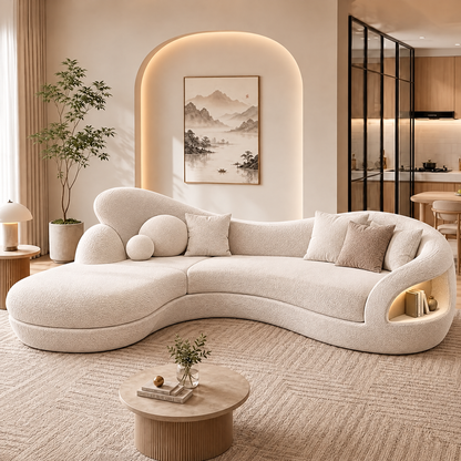 🦖COVEOACH® Modern Curved Boucle Sofa with Built-In Storage