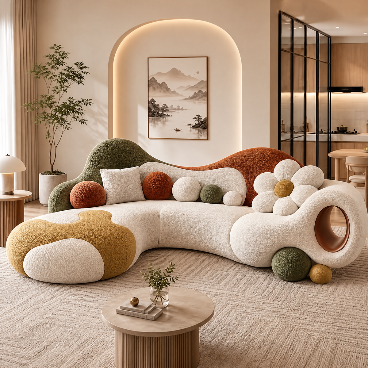 🦖COVEOACH® Modern Curved Boucle Sofa with Built-In Storage