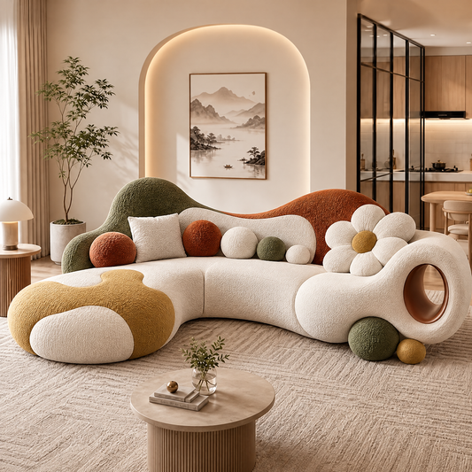 🦖COVEOACH® Modern Curved Boucle Sofa with Built-In Storage