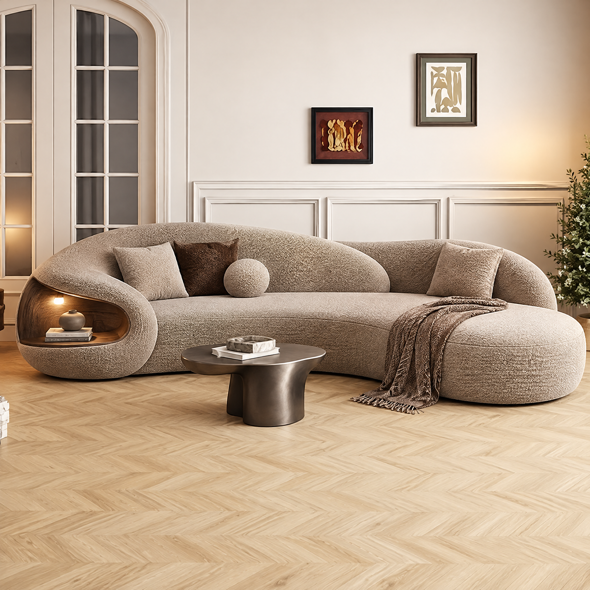 🍳COVEOACH® Modern Curved Boucle Sofa with Built-In Storage & Light