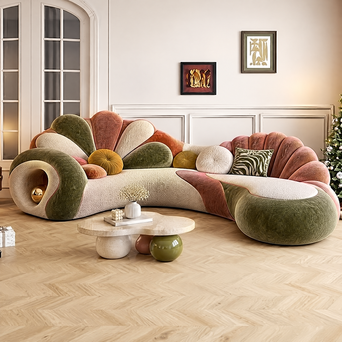 🍳COVEOACH® Modern Curved Boucle Sofa with Built-In Storage & Light