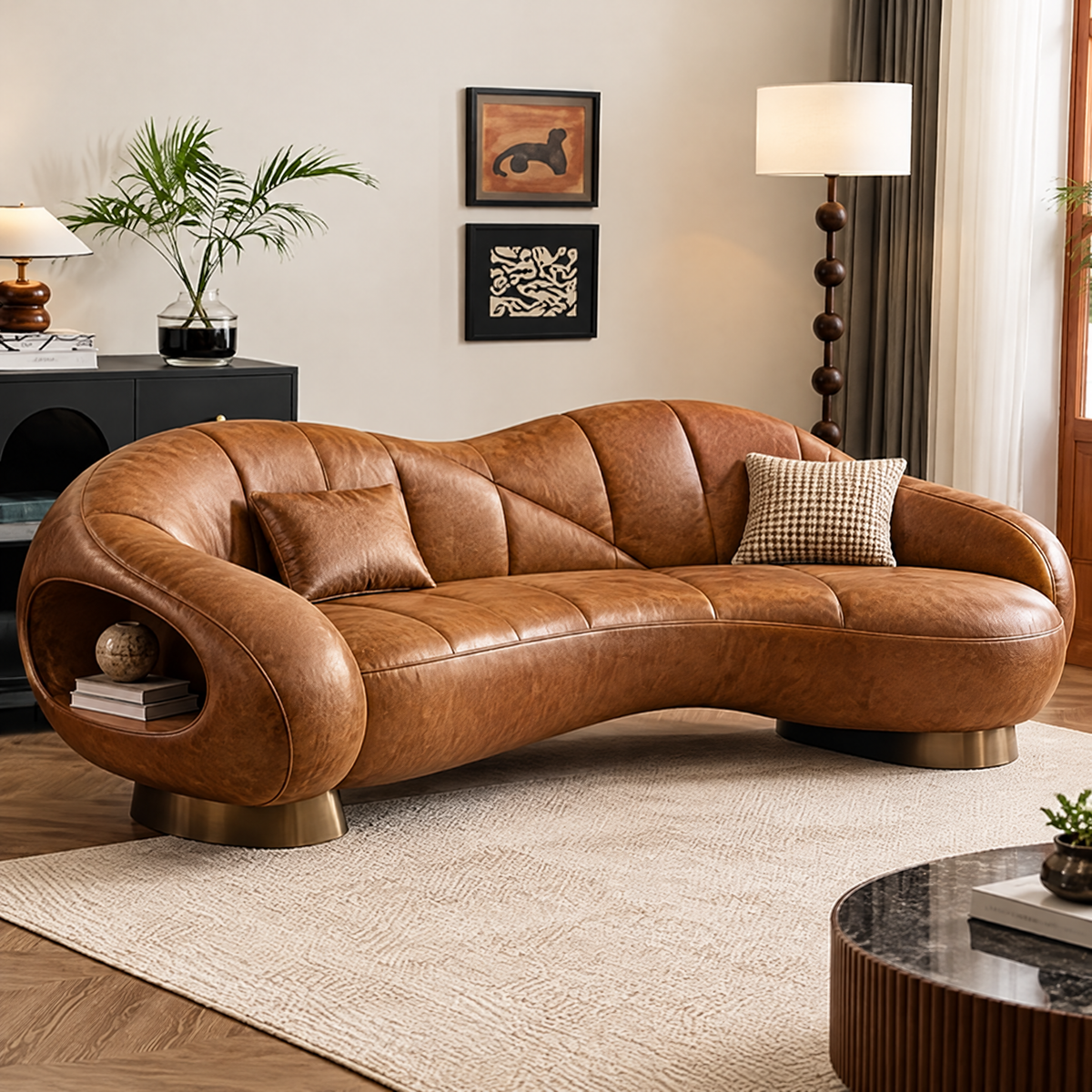 🌈COVEOACH® Modern Curved Leather Sofa with Storage Shelf