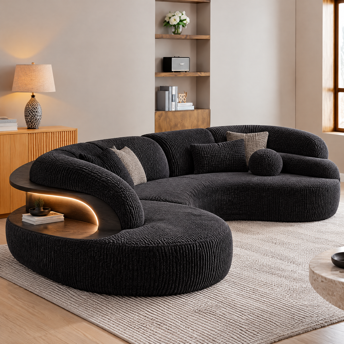 🎹COVEOACH® Modern Curved Sofa with LED Side Table