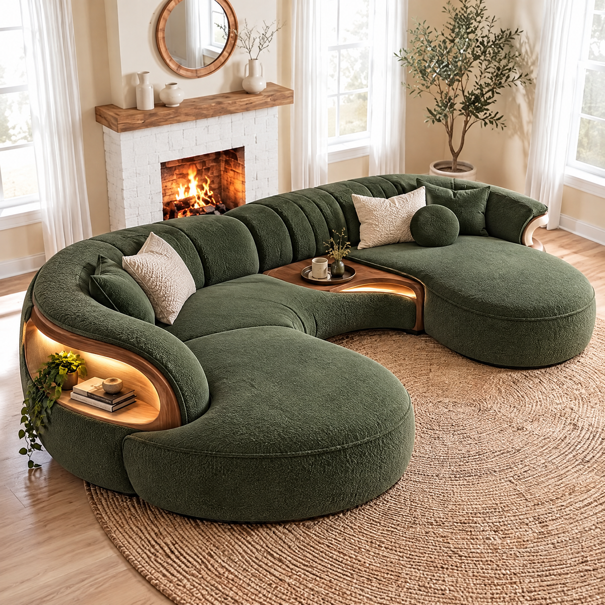 🚀COVEOACH® Modern Curved Boucle Sofa with LED Storage Shelf