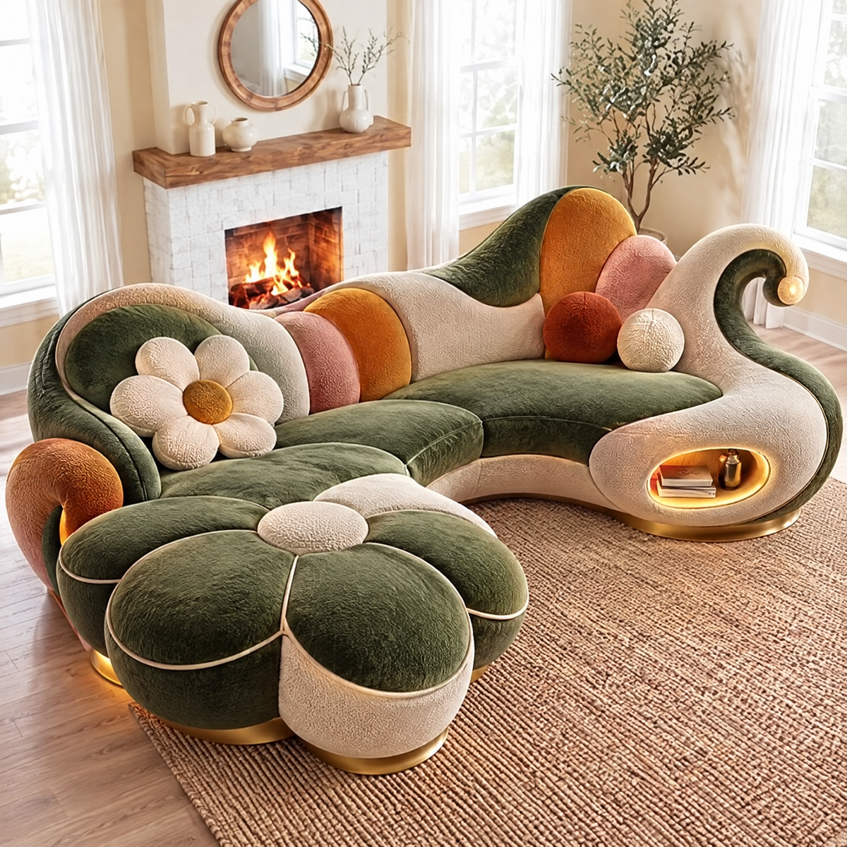 🚀COVEOACH® Modern Curved Boucle Sofa with LED Storage Shelf