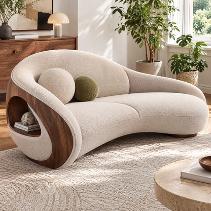🎮COVEOACH® Modern Curved Boucle Sofa with Wood Storage