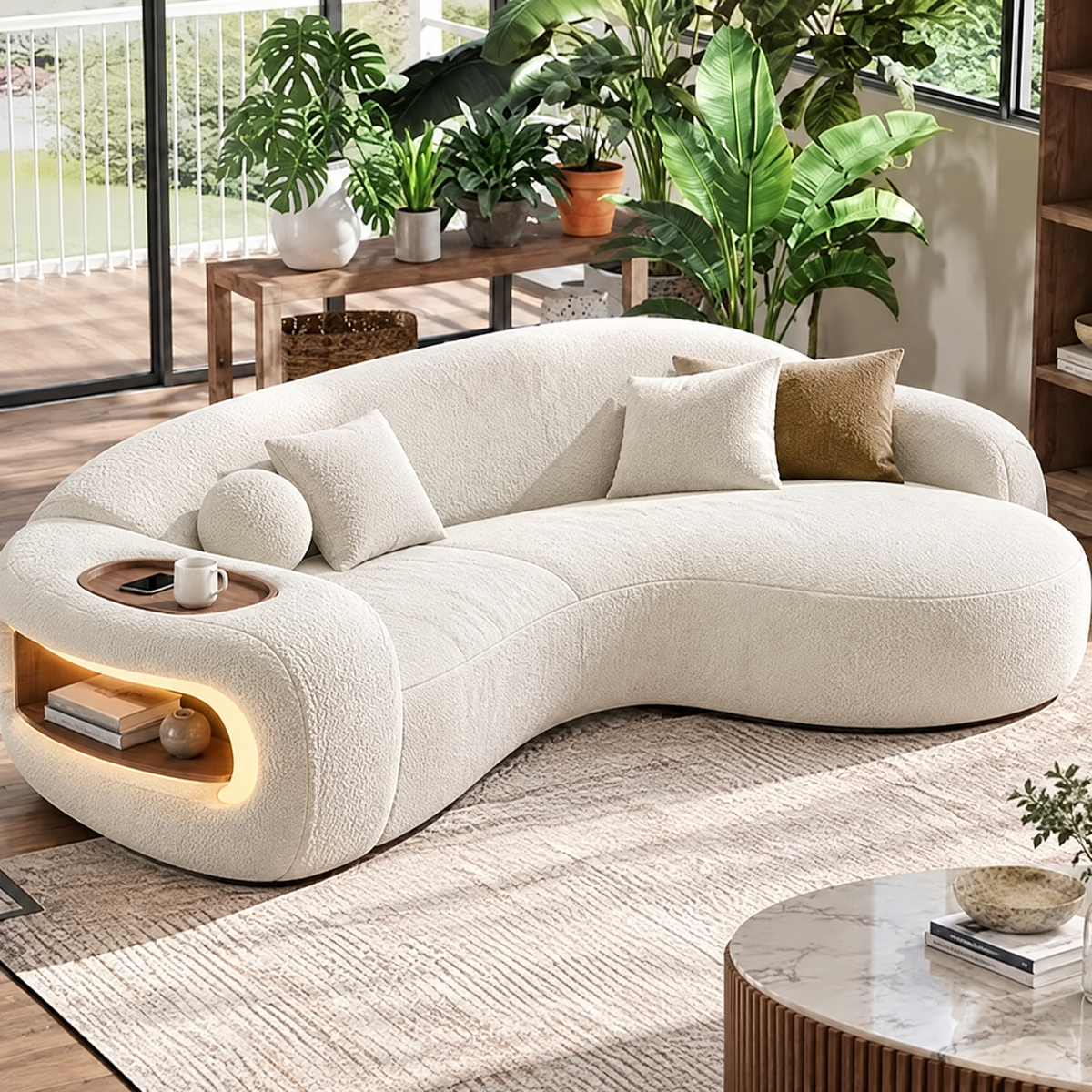 🎁COVEOACH® Modern Curved Boucle Sofa with Storage & Tray Table