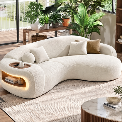 🎁COVEOACH® Modern Curved Boucle Sofa with Storage & Tray Table