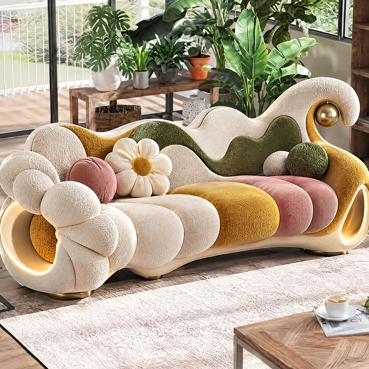🎁COVEOACH® Modern Curved Boucle Sofa with Storage & Tray Table